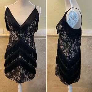 NWT PLT Fringe Lace Plunge Dress Bodycon sz 12